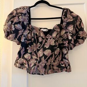 Astr Metallic Floral Puff-Sleeve Crop Top - Black & Pink
